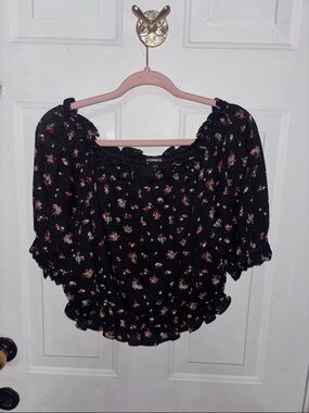 Express Off The Shoulder Black Floral  Crop Top